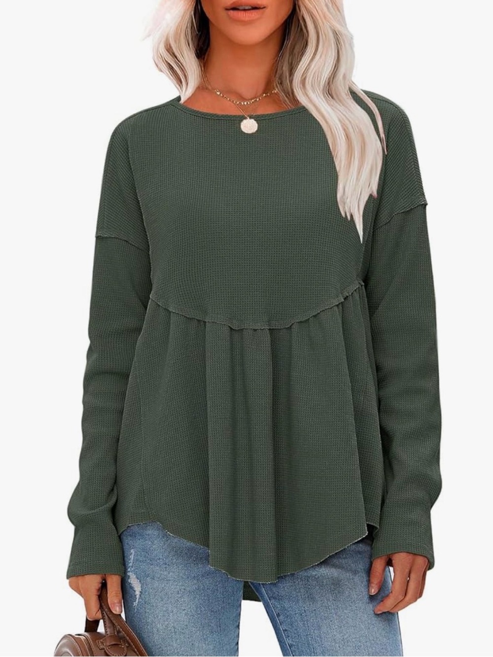 Waffle Knit Peplum Long-Sleeve Top - Olive Green